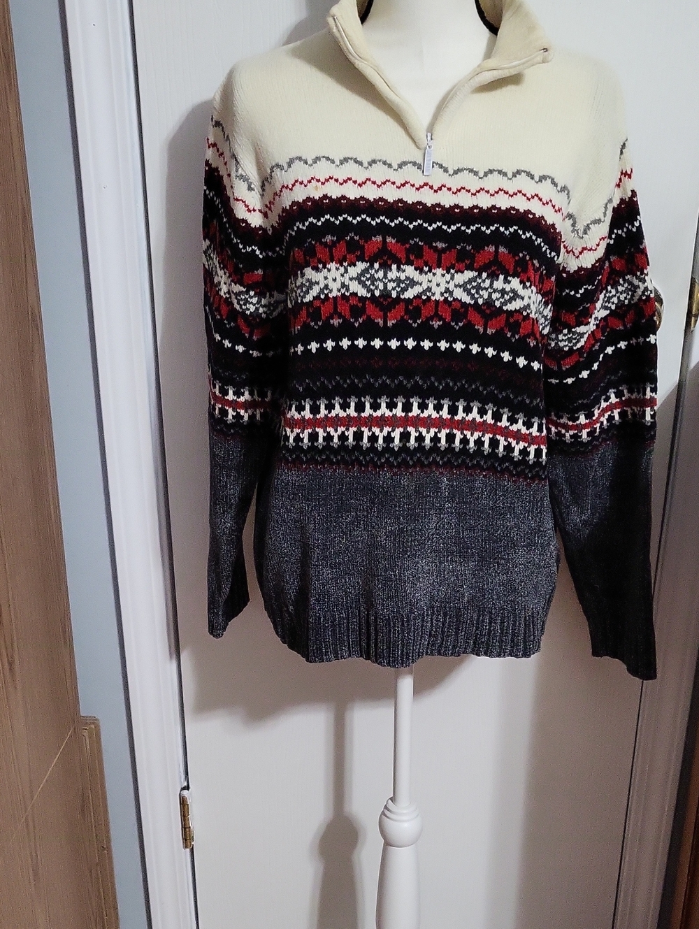 Sweater-Carolyn Taylor Cream Charcoal Fair Isle Zip Sweater with Red #8054
